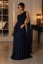 Women's Navy Blue One-Shoulder Pleated Detailed Glitter Tulle Fabric Evening Dress Nbswll16 - 4