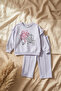 Girl's Kind Nature Printed Ruffle Detailed Lilac Tracksuit Set - Cotton Comfortable Cut Two-Piece Set - 2