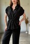 Linen Waist-Tied Black Shirt and Trousers Set - 7