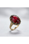 Bronze Women Ring Authentic Copper Jewelry Red Crystal Stone Oval Adjustable Vintage - 2