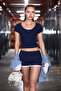 Pirento Women's Navy Blue Top and Bottom Set with Hollow Out and Buttoned Collar and Contrast Trim Shorts - 3