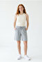 Women's Gray Cotton Oversize Comfortable Fit Bermuda Shorts with Pockets and Elastic Waist
