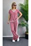 Women's Short Sleeve V-Neck Viscose Two Thread Blouse and Trousers Two-Piece Set - 3