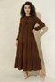 Women's Lace-Up Collar, Gathered Waist, Ruffled Skirt, Sleeves, Brown, Hijab Dress