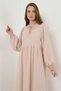 Women's Gathered Waist Balloon Sleeve Beige Hijab Dress