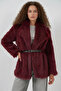 Women's Wide Collar Belted Fur Oversized Burgundy Coat - 2