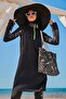Girl's Garson Boy Hijab Swimsuit with Side Pattern and Neon Zipper, Black G2331 - 2