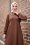 Light Brown Crew Neck Dress with Elastic Waist and Sleeves - 3