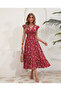 Women's Black Floral Patterned Double Breasted V-Neck Flounce Sleeve Long Dress