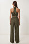 Halter Neck Linen Top and Bottom Set Lby0059 Khaki - 5