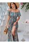 Women's Short Sleeve Madonna Collar Ruffled Waist Slit Maxi Single Jersey Dress - 2