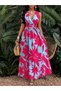 Women's Strappy Double Breasted Collared Floral Patterned Long Single Jersey Dress - 6
