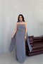 Gray Strapless Draped Evening Dress with Shawl Detail