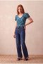 Women's Green Floral Patterned Wrinkled V-Neck Balloon Sleeve Gathered Front Crop Blouse Ofelia - 3