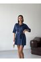Women's Belted Buttoned Shirt Collar Mini Dress Navy Blue - 5