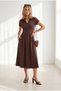 Women's Brown Polo Collar Pocketed Pleated Flowy Dress Elb-19002674 - 2