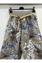 Women's Mink Italian Floral Patterned Straw Belted Wide Leg Linen Palazzo Trousers 38 - 44 Size - 2