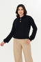 Women's Black Polo Collar Hair Knit Gold Buttoned Knitwear Sweater - 2