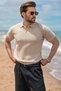 Stone Color Striped Polo Collar Knitwear Men's T-Shirt E7504 - 2