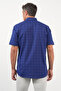 Navy Blue-Red Buttoned Collar Short Sleeve Comfort Fit 100% Cotton Shirt 1004260228 - 4