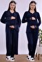 Cotton Long Robe Maternity Nursing Pajama Set Effortt - Navy Blue