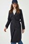 Women's Double Breasted Collar Belted Navy Blue Trench Coat