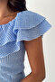 Women's Gingham Patterned Madonna Collar Crop Blouse with Ruffle Detail and Buttons - 5