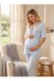New Season Blue Summer Piping Design Short Sleeve 100% Cotton Maternity Pajama Set with Breastfeeding Feature - 6
