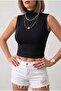 Women's black half turtleneck fitted basic stretchy tank crop top - 3