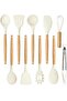 10 Pack Wooden Handle Silicone Kitchen Utensil Set White Cooking Spatula Turner Spaghetti Server Spoon Non Stick Safe Washable