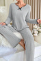 Women's Gray Striped Long Sleeve Bow Detailed Pajama Set Comfortable Transitional - 4