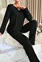 Women's Black Long Sleeve Bow Round Neck Transitional Pajama Set - 2