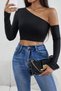 Women's Black Single Shoulder Detailed Long Sleeve Crop Top Blouse - 6