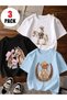 Printed Black - White - Baby Blue 3-Piece Children's T-Shirt 100% Cotton Short Sleeve Knitted Crew Neck