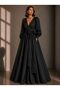 Double-Breasted, Balloon Sleeves & Belted Maxi Length Black Dress