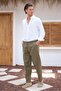 Khaki Men's Linen-Look Elastic Waist Lace-Up Comfortable Fit Trousers - 6