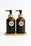 Set of 2 Glass Liquid Soap Dispensers 500 ml with Bamboo Stand Black Kitchen Detergent Dispenser and Hand Soap Dispenser Decorative Bathroom Organizer