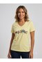 Kazee V-Neck Colorful Bird Patterned Stone and Bead Detailed Women's T-Shirt 80191 - 4