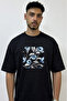 Flower Pattern Design Printed Oversize Black T-Shirt