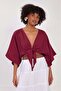 Women's Tie-Front Crop Blouse - Burgundy
