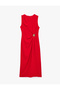 Metal Accessory Detailed Crew Neck Sleeveless Long Crepe Dress - 6