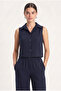 Women's Alfie Zero Sleeve Shirt Elastic Waist Pants Woven Navy Blue Bottom Top Set - 2