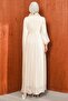 Cream Collar Stoned Draped Janjan Evening Dress - 5