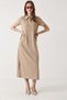 Women's Polo Collar Long Dress with Mini Slits on the Sides Mink - 2