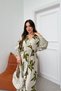 Green Patterned Double-Breasted Collar Long Dress with Slit Detail and Elastic Waist - 5