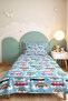 Blue Boys' Single Pique Set with Rainbow Car - Colorful Cloudy 160X220 cm Bedspread - 4