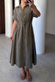 Embroidered Dress with Stone-Encorded Sleeves - Khaki - 4