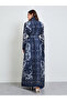 Dark Blue All Over Print Plisse Abaya with Tie-Belt - 5