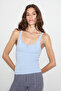 Loreli women's soft and flexible organic cotton button and lace detailed blue tank top - 2