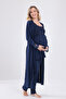 New Season Navy Blue Special Lace Design Strap 100% Cotton Maternity Pajama Set with 3 Pieces - 7
